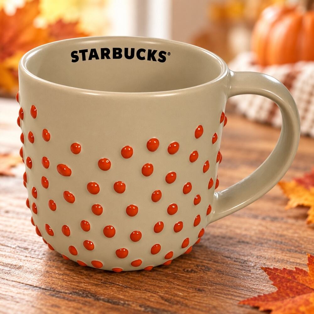 Starbucks Tan Orange Raised Dot Ceramic Coffee Mug Fall Pumpkin Spice New